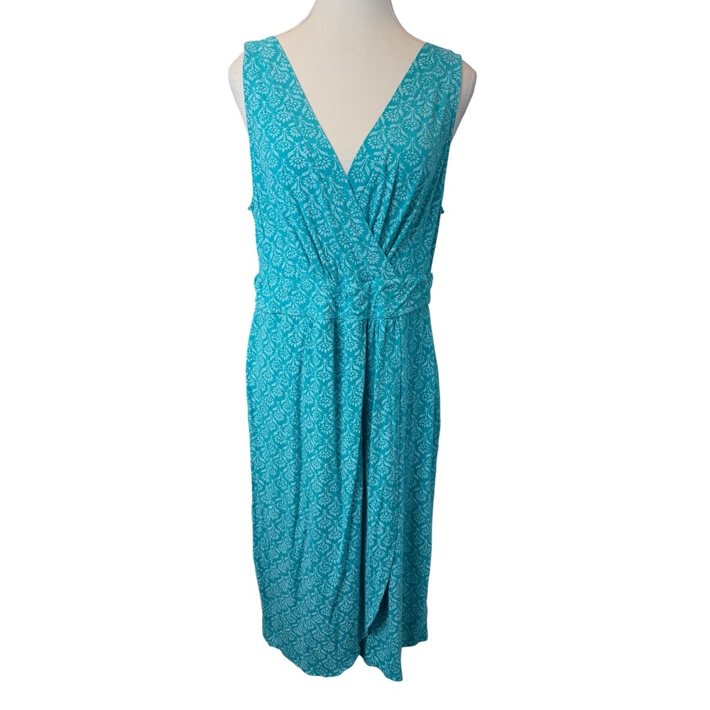 Fresh Produce Large Teal Blue Floral Faux Wrap Midi Dress Sleeveless Flattering